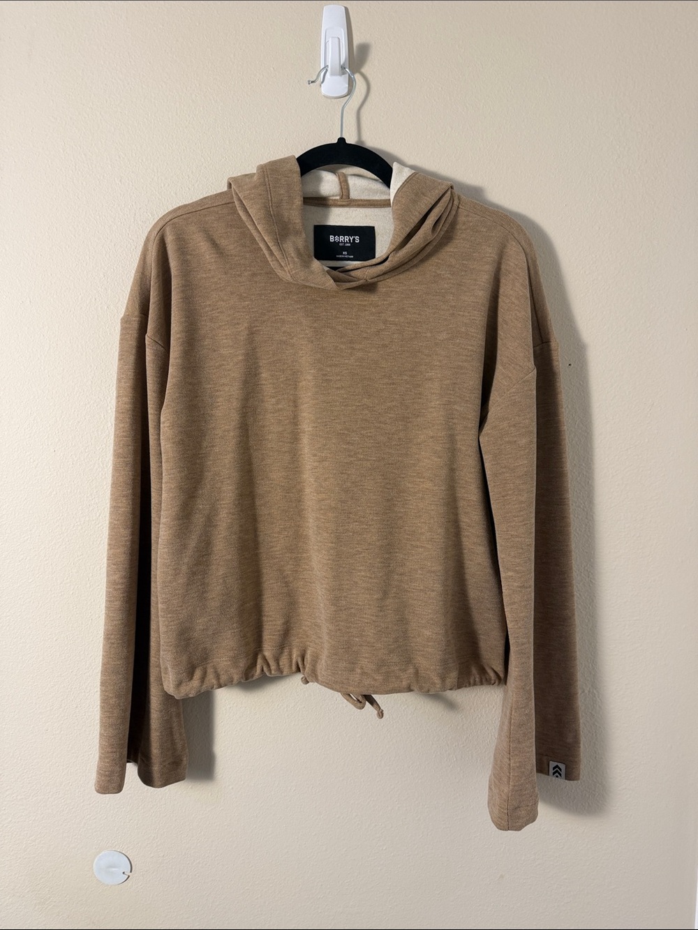 BARRY'S Taupe Cropped Drawstring Pullover Hoodie Sweatshirt Size XS